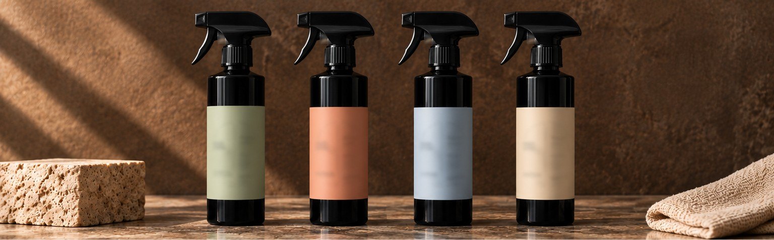 The four bila. sprays lined up on a stone bench